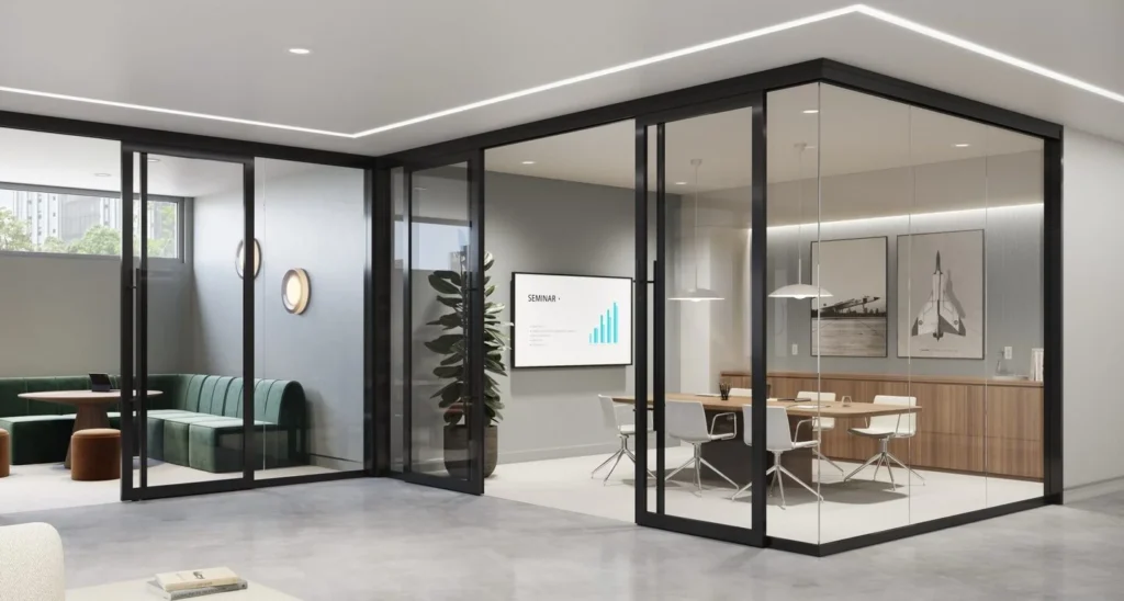 Modern glass office partitions with black aluminum frames, sliding doors, and minimalist meeting room design