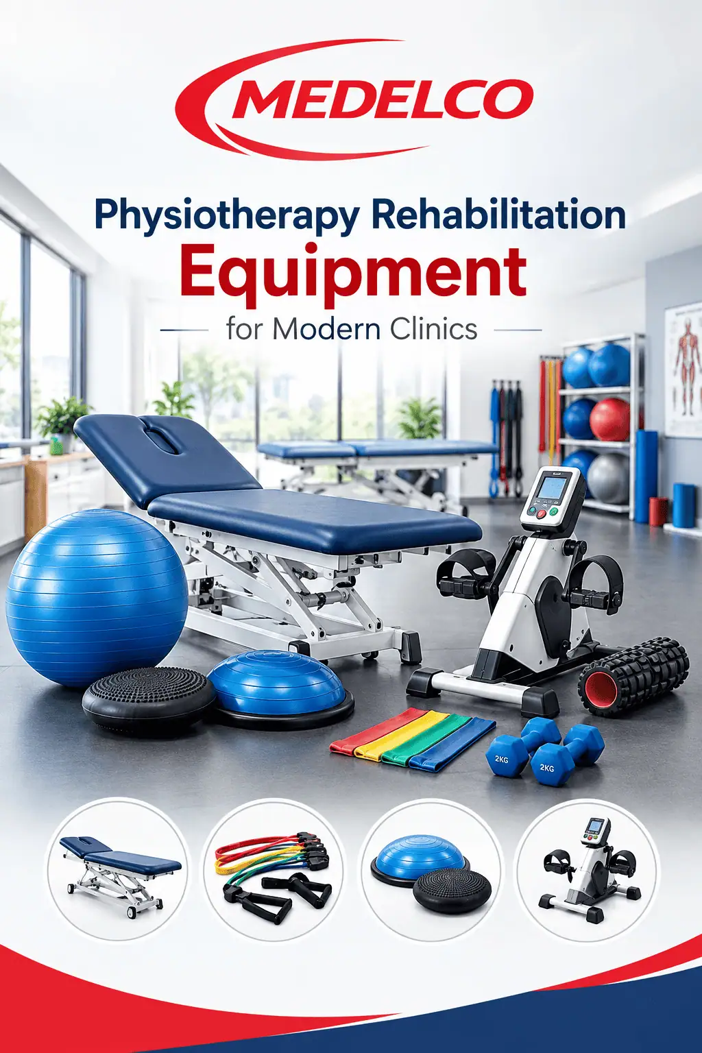 Advanced Physiotherapy Rehabilitation Equipment for Modern Clinics physiotherapy rehabilitation equipment for modern clinics with treatment table, balance trainers, resistance bands and exercise bike